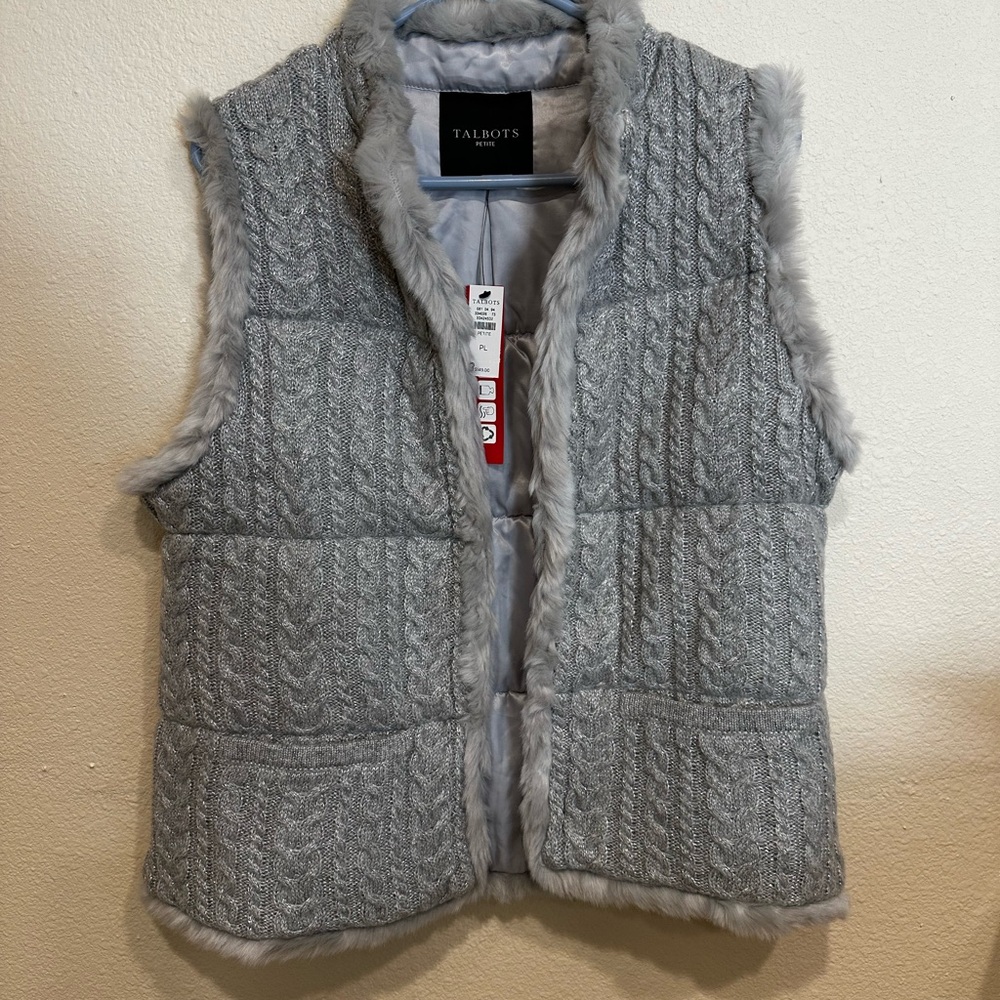 Talbots Gray (with silver sparkles) Textured Faux Fur Vest Jacket